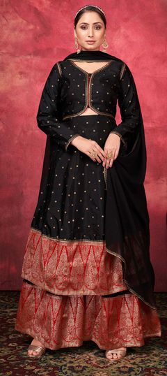 Black and Grey color Salwar Kameez in Art Silk fabric with Weaving work