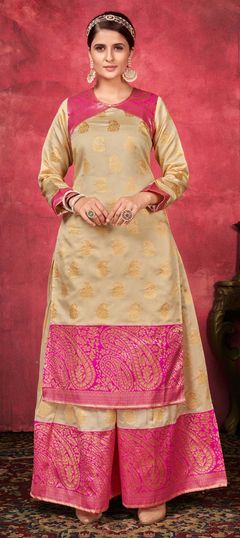 Beige and Brown color Salwar Kameez in Art Silk fabric with Weaving work