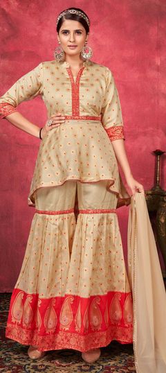 Beige and Brown color Salwar Kameez in Art Silk fabric with Weaving work