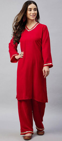 Red and Maroon color Tunic with Bottom in Velvet fabric with Gota Patti work