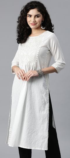 Party Wear White and Off White color Kurti in Cotton fabric with A Line, Long Sleeve Embroidered, Resham, Sequence, Thread, Zari work : 1836902