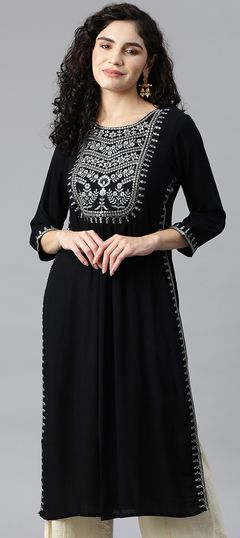 Party Wear Black and Grey color Kurti in Rayon fabric with A Line, Long Sleeve Embroidered, Resham, Sequence, Thread, Zari work : 1836908