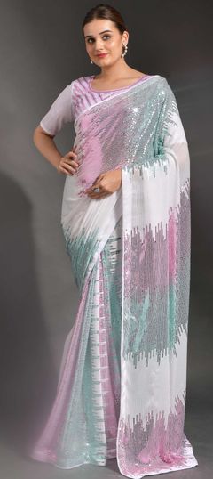 White and Off White color Saree in Georgette fabric with Embroidered, Sequence, Thread work