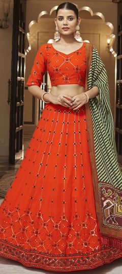 Orange color Lehenga in Georgette fabric with Embroidered, Sequence, Thread work