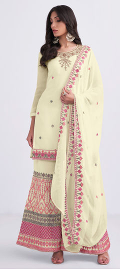 Beige and Brown color Salwar Kameez in Georgette fabric with Embroidered, Resham, Thread work