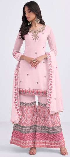 Pink and Majenta color Salwar Kameez in Georgette fabric with Embroidered, Resham, Thread work