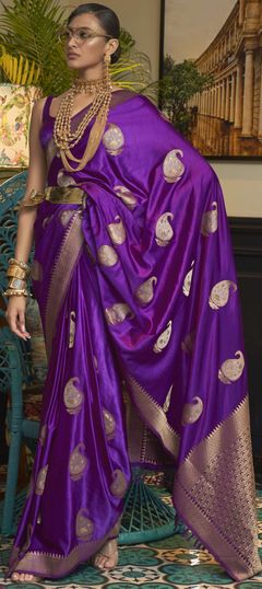 Purple and Violet color Saree in Satin Silk, Silk fabric with Weaving work