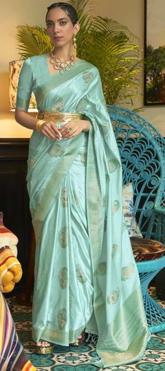 Blue color Saree in Satin Silk, Silk fabric with Weaving work