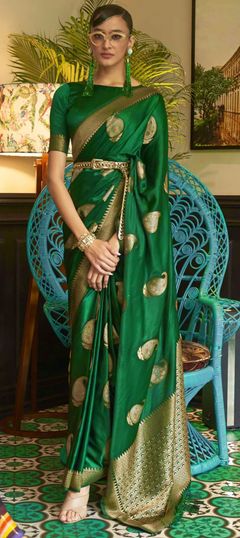 Green color Saree in Satin Silk, Silk fabric with Weaving work