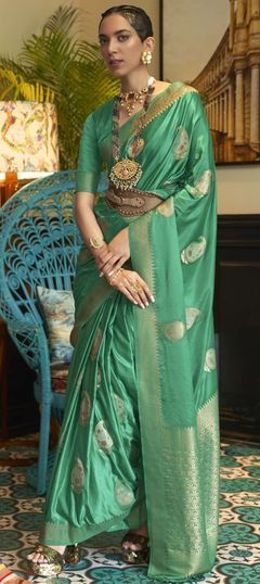 Green color Saree in Satin Silk, Silk fabric with Weaving work