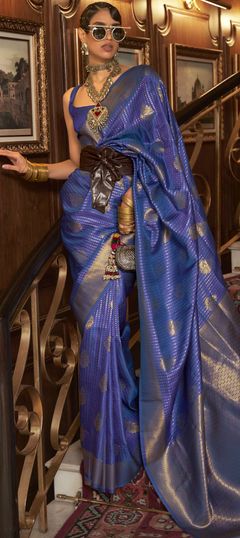 Traditional Blue color Saree in Handloom fabric with Bengali, South Weaving work : 1837426