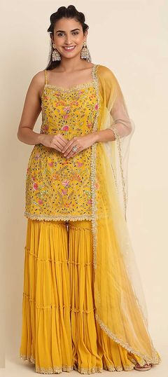 Yellow color Salwar Kameez in Faux Georgette fabric with Bugle Beads, Embroidered, Thread work