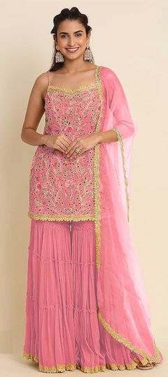 Mehendi Sangeet, Party Wear, Reception Pink and Majenta color Salwar Kameez in Faux Georgette fabric with Sharara Bugle Beads, Embroidered, Thread work : 1837452