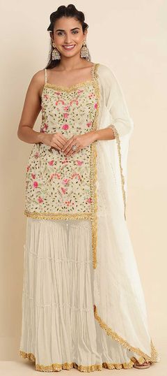 Mehendi Sangeet, Party Wear, Reception White and Off White color Salwar Kameez in Faux Georgette fabric with Sharara Bugle Beads, Embroidered, Thread work : 1837455