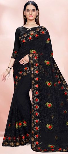 Black and Grey color Saree in Net fabric with Embroidered, Resham, Stone, Thread, Zari work