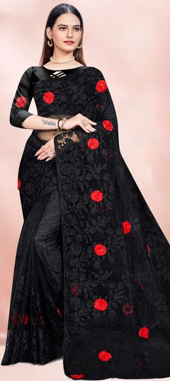 Black and Grey color Saree in Net fabric with Embroidered, Resham, Stone, Thread, Zari work
