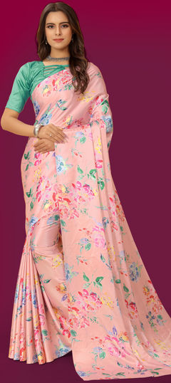 Pink and Majenta color Saree in Satin Silk, Silk fabric with Digital Print work