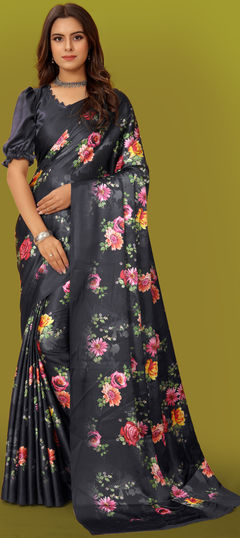 Black and Grey color Saree in Satin Silk, Silk fabric with Digital Print, Floral work