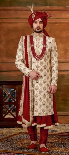 Beige and Brown color Sherwani in Art Silk fabric with Bugle Beads, Cut Dana, Embroidered work : 1837944