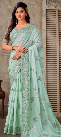 Blue color Saree in Georgette fabric with Embroidered, Resham, Sequence work