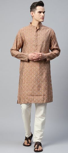 Beige and Brown color Kurta Pyjamas in Muslin fabric with Printed work : 1838067