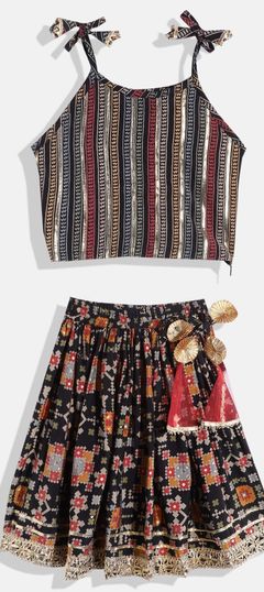 Casual Black and Grey color Kids Lehenga in Muslin fabric with Gota Patti, Printed work : 1838098