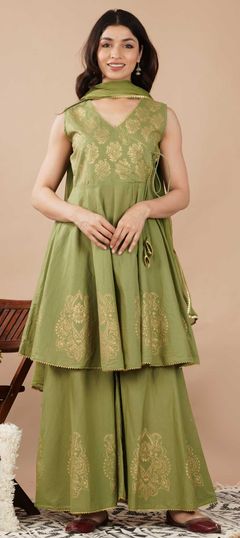 Designer, Festive, Party Wear Green color Salwar Kameez in Cotton fabric with Palazzo Block Print work : 1838212