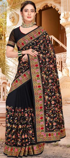 Black and Grey color Saree in Georgette fabric with Embroidered, Resham, Thread, Zari work