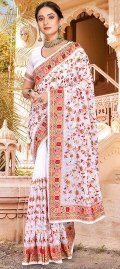 White and Off White color Saree in Georgette fabric with Embroidered, Resham, Thread, Zari work