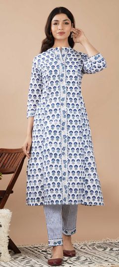 Designer, Festive, Party Wear White and Off White color Tunic with Bottom in Cotton fabric with Block Print work : 1838227