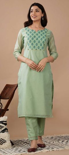 Designer, Festive, Party Wear Green color Tunic with Bottom in Chanderi Silk fabric with Block Print work : 1838230