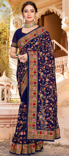 Blue color Saree in Georgette fabric with Embroidered, Resham, Thread, Zari work