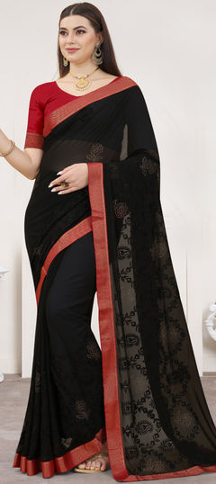 Black and Grey color Saree in Georgette fabric with Embroidered, Resham, Swarovski, Thread work