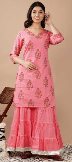 Designer, Festive, Party Wear Pink and Majenta color Tunic with Bottom in Cotton fabric with Block Print work : 1838233