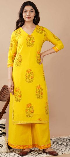 Designer, Festive, Party Wear Yellow color Tunic with Bottom in Cotton fabric with Block Print work : 1838237