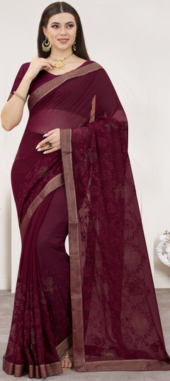 Beige and Brown color Saree in Georgette fabric with Embroidered, Resham, Swarovski, Thread work