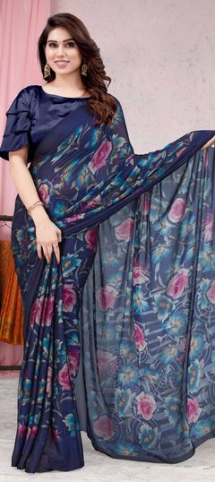 Blue color Saree in Chiffon fabric with Floral, Printed work