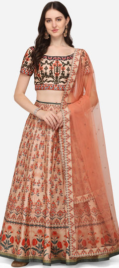 Beige and Brown color Lehenga in Silk fabric with Digital Print, Floral, Sequence work