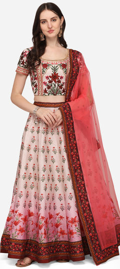 Beige and Brown color Lehenga in Silk fabric with Digital Print, Floral, Sequence work