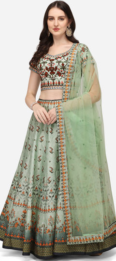 Green color Lehenga in Silk fabric with Digital Print, Floral, Sequence work