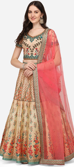 Beige and Brown color Lehenga in Silk fabric with Digital Print, Floral, Sequence work