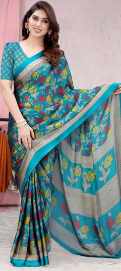 Blue color Saree in Chiffon fabric with Floral, Printed work