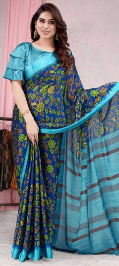 Blue color Saree in Chiffon fabric with Floral, Printed work