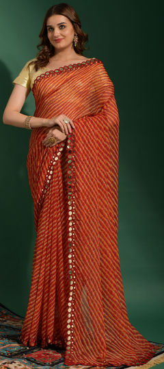 Red and Maroon color Saree in Chiffon fabric with Embroidered, Lehariya, Mirror, Printed work