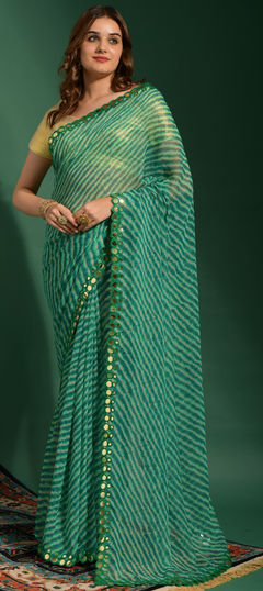 Blue color Saree in Chiffon fabric with Embroidered, Lehariya, Mirror, Printed work