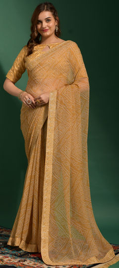 Beige and Brown color Saree in Chiffon fabric with Bandhej, Embroidered, Printed work