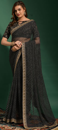 Black and Grey color Saree in Chiffon fabric with Bandhej, Embroidered, Printed work