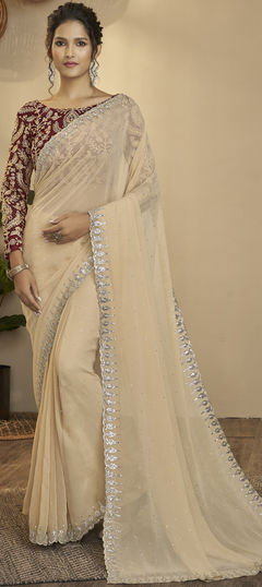 Beige and Brown color Saree in Georgette fabric with Sequence, Thread, Zari work