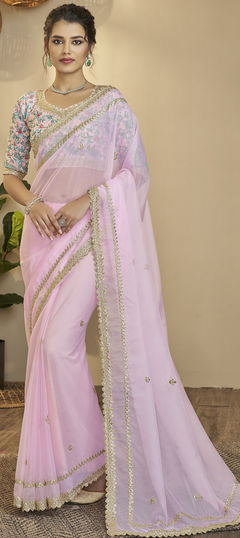 Pink and Majenta color Saree in Organza Silk, Silk fabric with Thread, Zari work