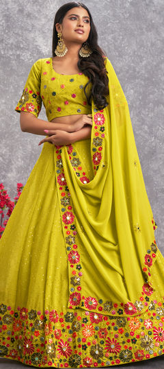 Bridal, Wedding Green color Lehenga in Georgette fabric with A Line Embroidered, Mirror, Sequence, Thread work : 1838705